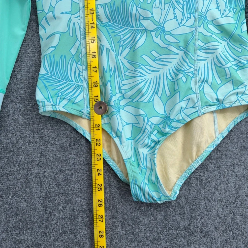 Lands' End Rash Guard Swimsuit Kids 14+ Polyester Spandex Teal Tropical Leaf